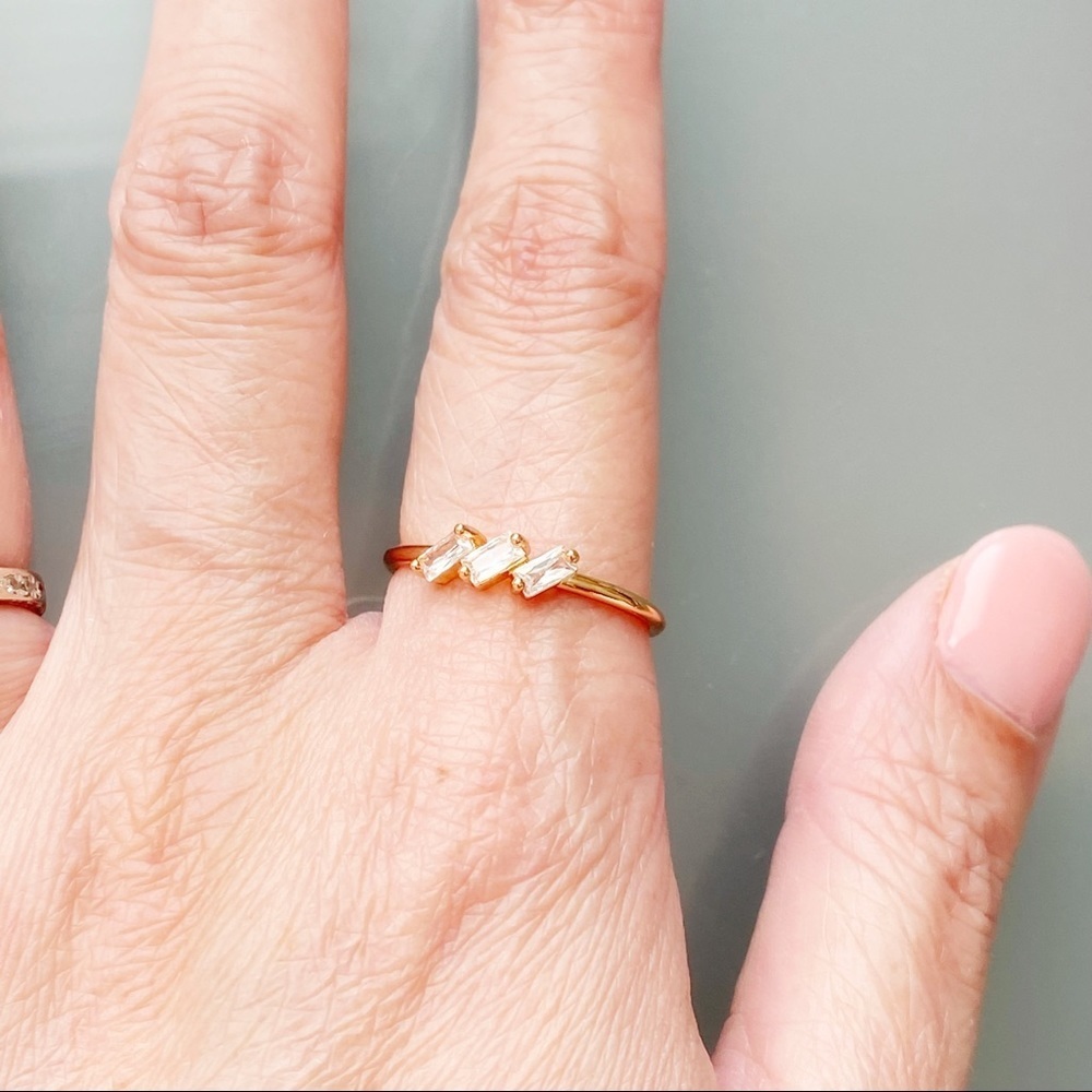 Trio of Leaning Baguettes Crystal Rose Gold Ring - Picture 1 of 4
